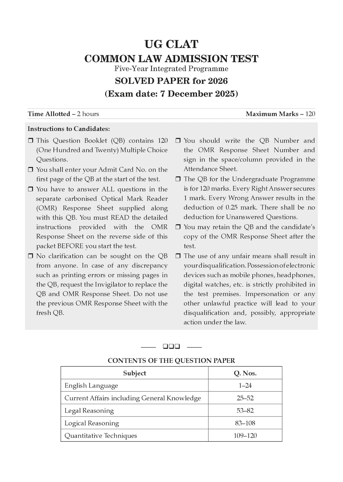 Oswaal CLAT (UG) (Common Law Admission Test) | 10 Mock Test Papers | For 2027 Admission Test