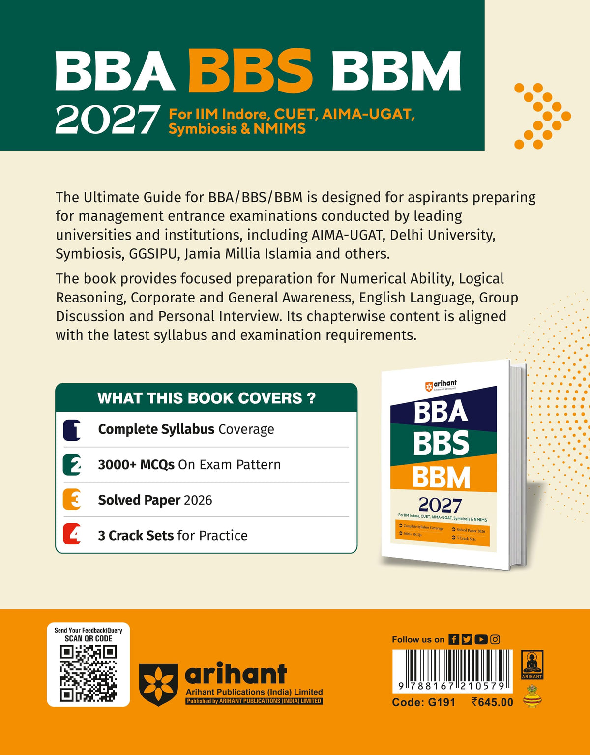 Arihant BBA BBS BBM Entrance Exam 2027 | For IIM Indore, CUET, AIMA UGAT, Symbiosis & NMIMS | Complete Syllabus, 3000+ MCQs, Solved Paper 2026 & 3 Crack Sets