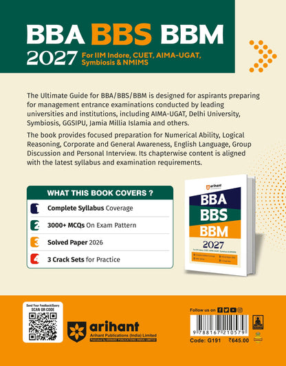 Arihant BBA BBS BBM Entrance Exam 2027 | For IIM Indore, CUET, AIMA UGAT, Symbiosis & NMIMS | Complete Syllabus, 3000+ MCQs, Solved Paper 2026 & 3 Crack Sets