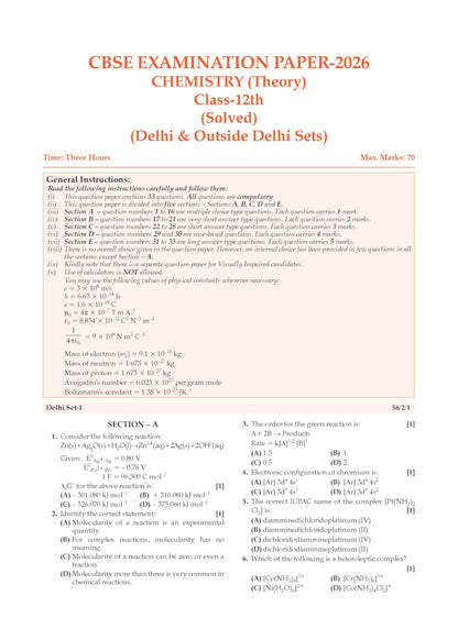 Oswaal CBSE Class 12 Chemistry Question Bank | Chapter & Topic-wise Solved Papers (2017–2026) | Based on Latest Syllabus (April 2026) | Includes 2026 Papers | For 2027 Exam