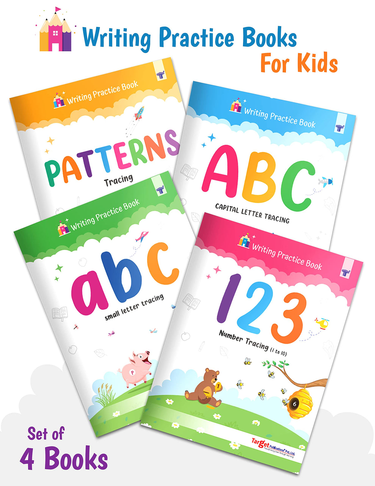 Writing Practice Book for Kids - Set of 4 Books | Learn, Trace, Write & Practice ABC Capital Letters, Small Letters, Patterns and Numbers 1 to 10