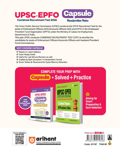 Arihant UPSC-EPFO Recruitment Test 2026 | Capsule Handwritten Notes | Enforcement Officers,Accounts Officers & Provident Fund Commissioner | Exam Ready Notes & Solved Paper 2025 | Revised Edition 2026