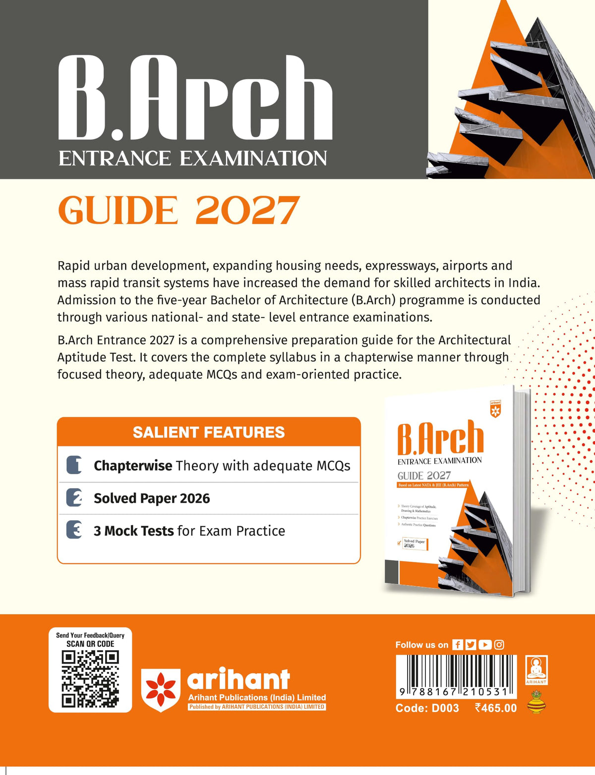 Arihant B.Arch Entrance Exam Guide 2027 for NATA & JEE (B.Arch) | Aptitude, Drawing & Mathematics | Chapterwise Theory, Practice Exercises, Authentic Questions & Solved Paper 2026