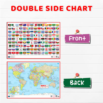 World Map And Flags 2in1 Double Side Printed Laminated 20 Inch x 30 Inch water proof With Country Name, Capital And Currency Chart For Kids Geography Learning Poster For School Classroom And Home