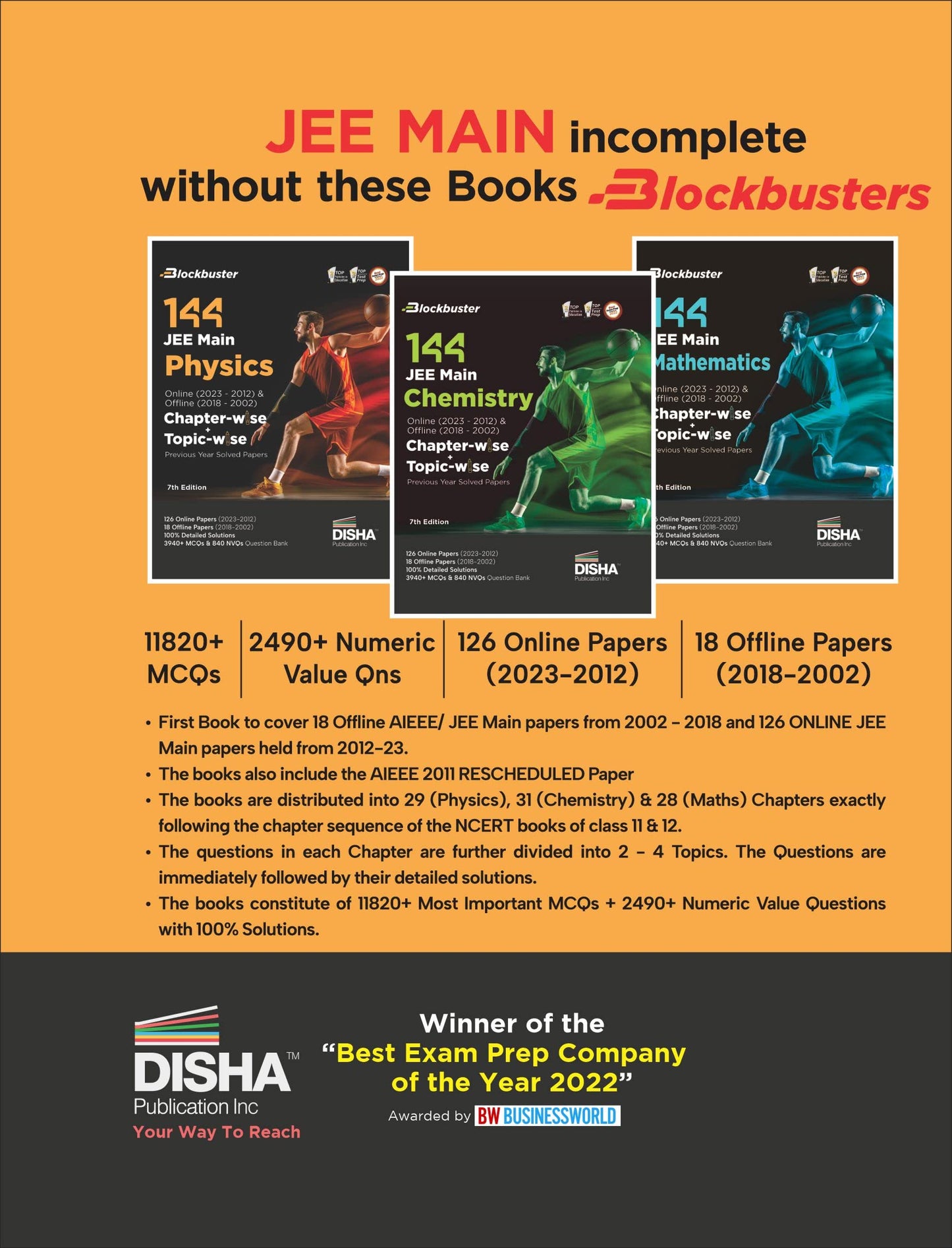 Disha 144 JEE Main Chemistry Online (2023-2012) & Offline (2018-2002) Chapter-wise+Topic-wise Previous Years Solved Papers 7th Edition|NCERT Chapterwise PYQ Question Bank with 100% Detailed Solutions