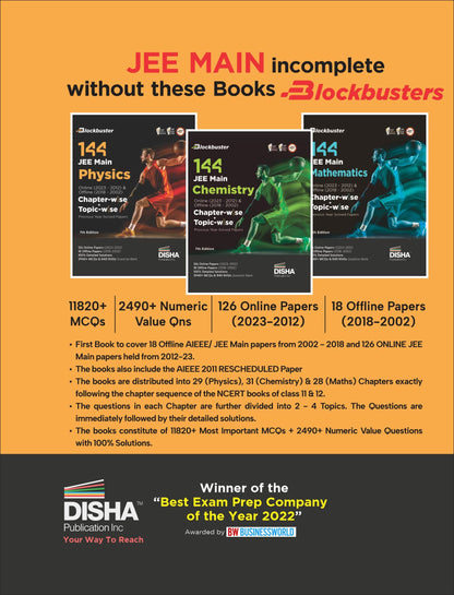 Disha 144 JEE Main Chemistry Online (2023-2012) & Offline (2018-2002) Chapter-wise+Topic-wise Previous Years Solved Papers 7th Edition|NCERT Chapterwise PYQ Question Bank with 100% Detailed Solutions