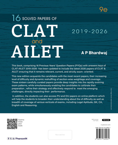 Pearson Complete CLAT Manual + 16 Solved Papers CLAT & AILET 2019–2026 + Legal Awareness & Reasoning + Legal Aptitude Workbook 2026–27 | For CLAT, ... Law Entrances | PYQs, 6000+ MCQs & Mock Tests