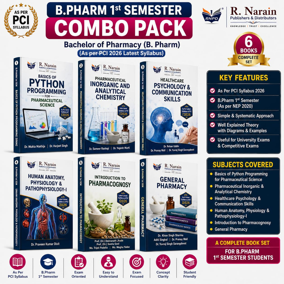 R. Narain B.Pharm 1st Semester Combo Pack, 6 Books Set