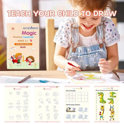 QOZWEID Magic Calligraphy, Homeschool Supplies, Preschool workbook, Numbers & English & Drawing & Mathematics Auto Fade Pen & 4 Books - 10 Riffile 1 Grip 1 pen (model -2026) size 19x3 cm