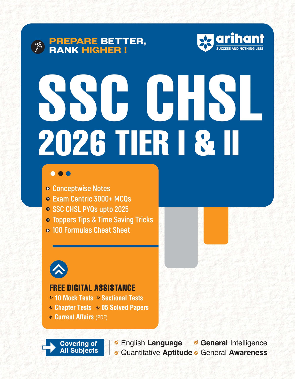 Arihant SSC CHSL (Tier I & II) 2026 | Complete Study Guide with Conceptwise Notes, 3000+ Exam-Centric MCQs, PYQs up to 2025, Time-Saving Tricks & 100 Formula Cheat Sheet | Free Online Tests