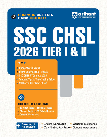 Arihant SSC CHSL (Tier I & II) 2026 | Complete Study Guide with Conceptwise Notes, 3000+ Exam-Centric MCQs, PYQs up to 2025, Time-Saving Tricks & 100 Formula Cheat Sheet | Free Online Tests