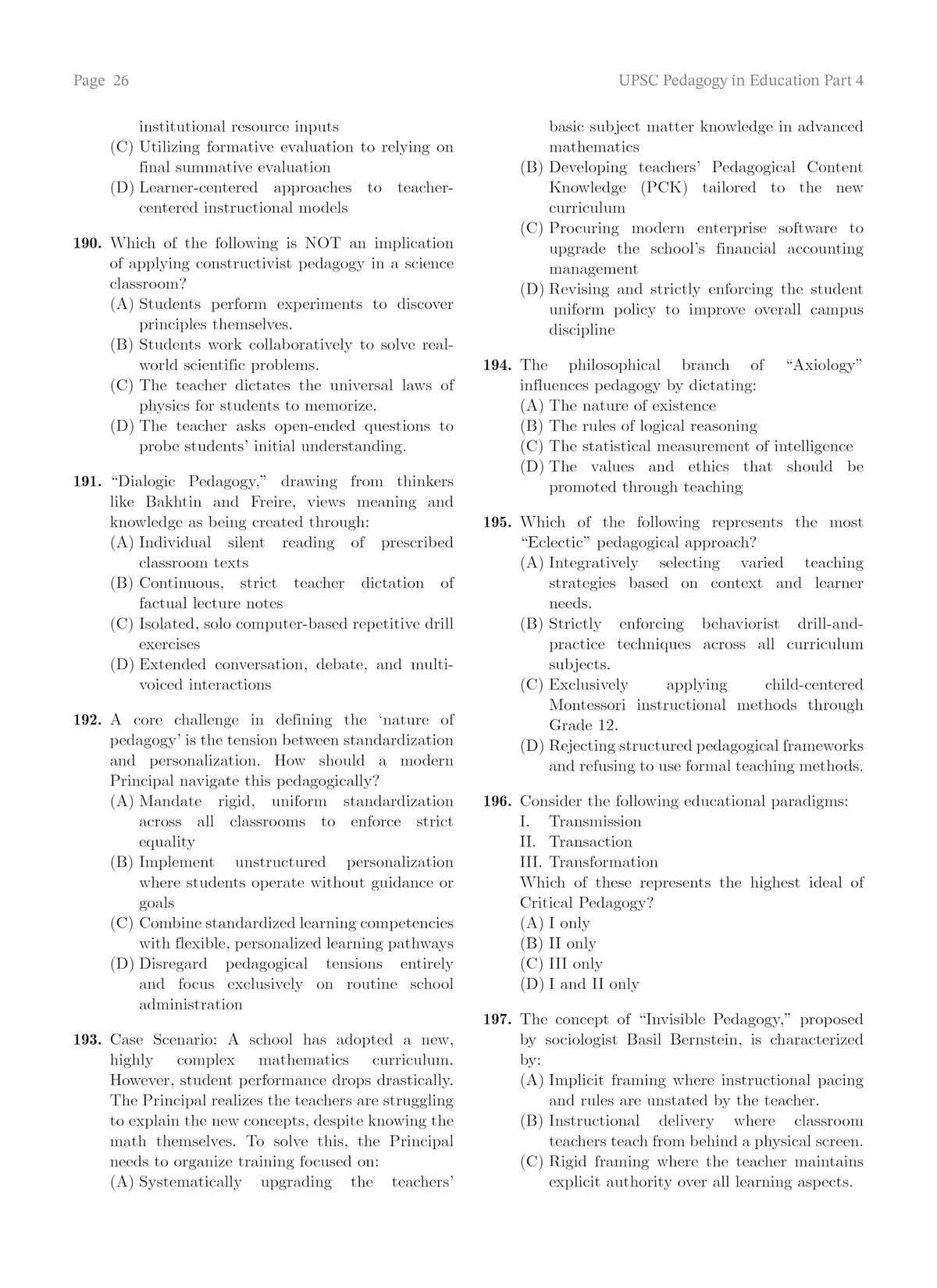 UPSC Principal and Vice Principal Recruitment Exam Part 4 Pedagogy in Education Chapterwise MCQ Bank 2026