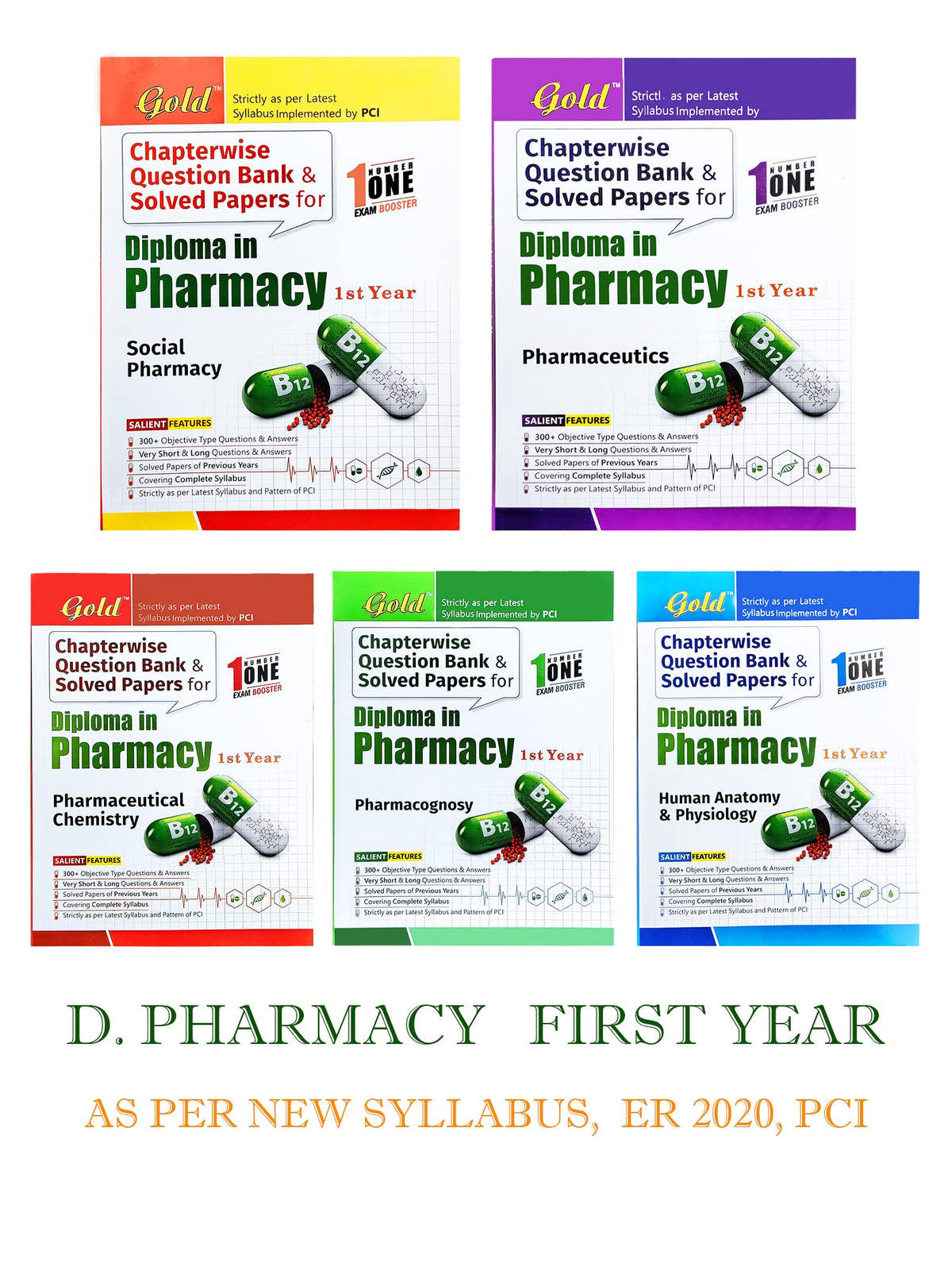 Gold D.Pharm 1st Year Chapterwise Question Bank & Solved Papers | English Edition, Set of 5 Books | ER 2020 PCI Syllabus | Exam Guide | Pharmacy MCQ & Theory Practice (Updated Edition 2026)