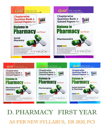 Gold D.Pharm 1st Year Chapterwise Question Bank & Solved Papers | English Edition, Set of 5 Books | ER 2020 PCI Syllabus | Exam Guide | Pharmacy MCQ & Theory Practice (Updated Edition 2026)