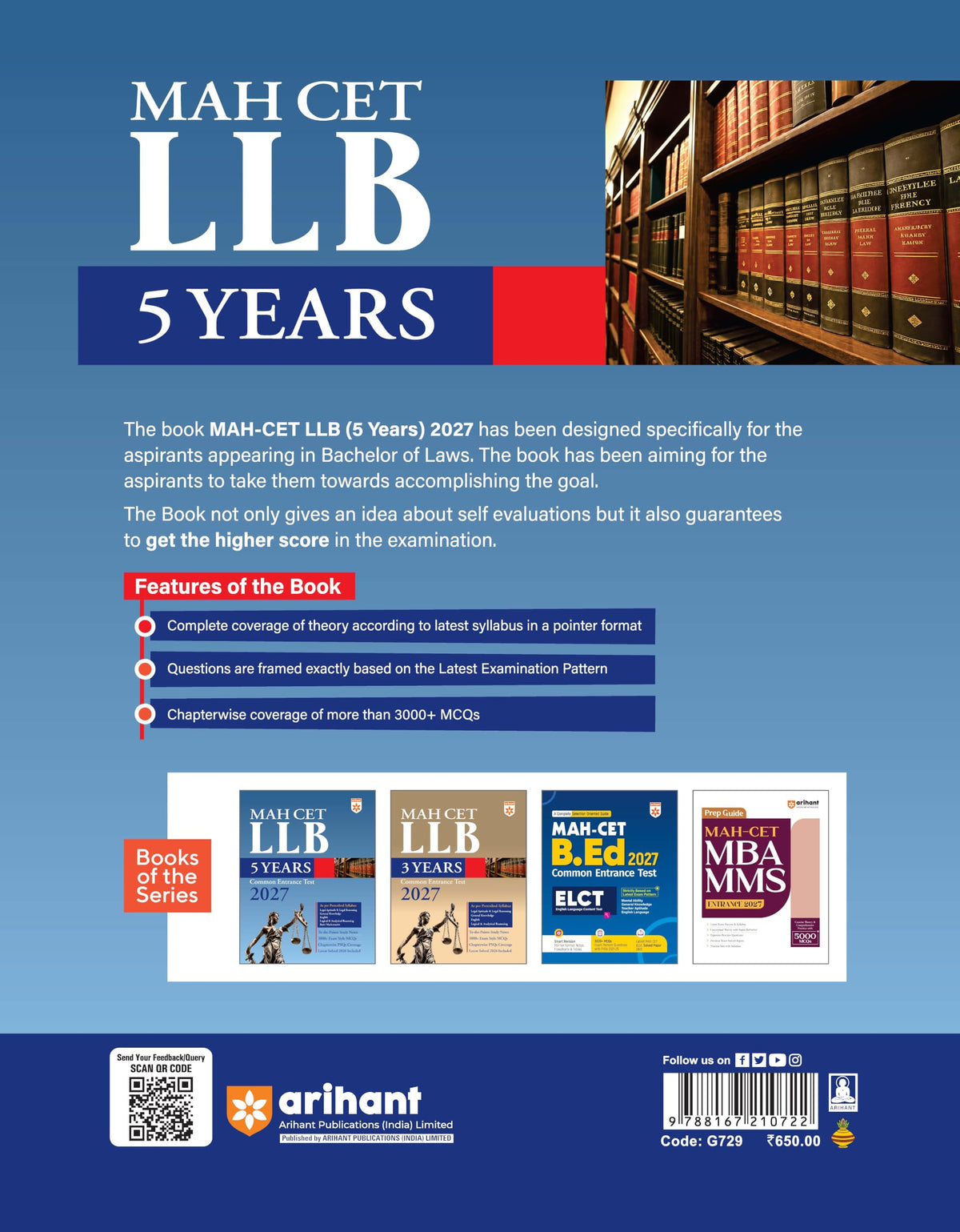 Arihant MAH CET LLB 5 Years Entrance Exam 2027 | Complete Guide for Legal Aptitude, Legal Reasoning, GK, English & Logical Reasoning | 3000+ MCQs, Chapterwise PYQs & Solved Paper 2026