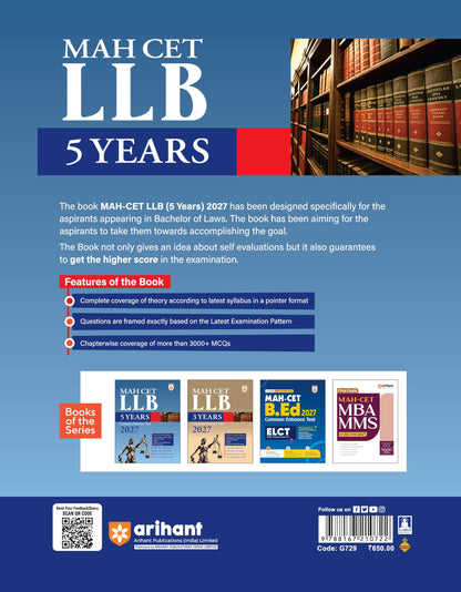 Arihant MAH CET LLB 5 Years Entrance Exam 2027 | Complete Guide for Legal Aptitude, Legal Reasoning, GK, English & Logical Reasoning | 3000+ MCQs, Chapterwise PYQs & Solved Paper 2026