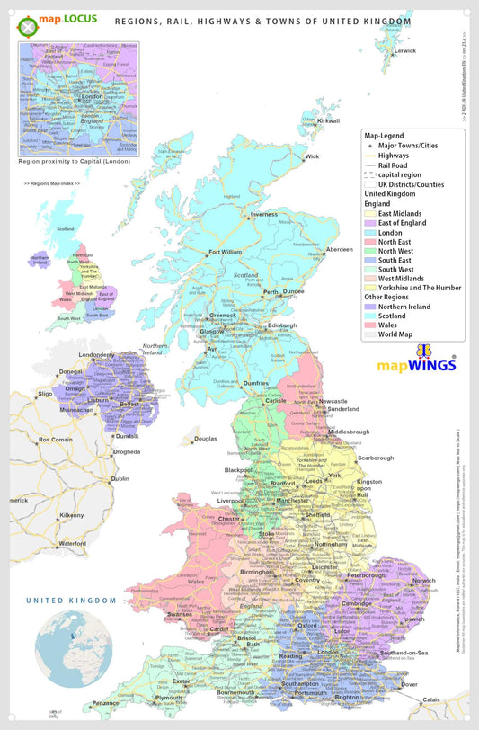 DURABLE MAGNETIC Paper Map of UNITED KINGDOM (UK) & Regions with State, District, Counties Boundaries, Road-Rail, Important Locations with Map-Legend, Size 18 X 11 inches ~ A3 SIZE PORTRAIT