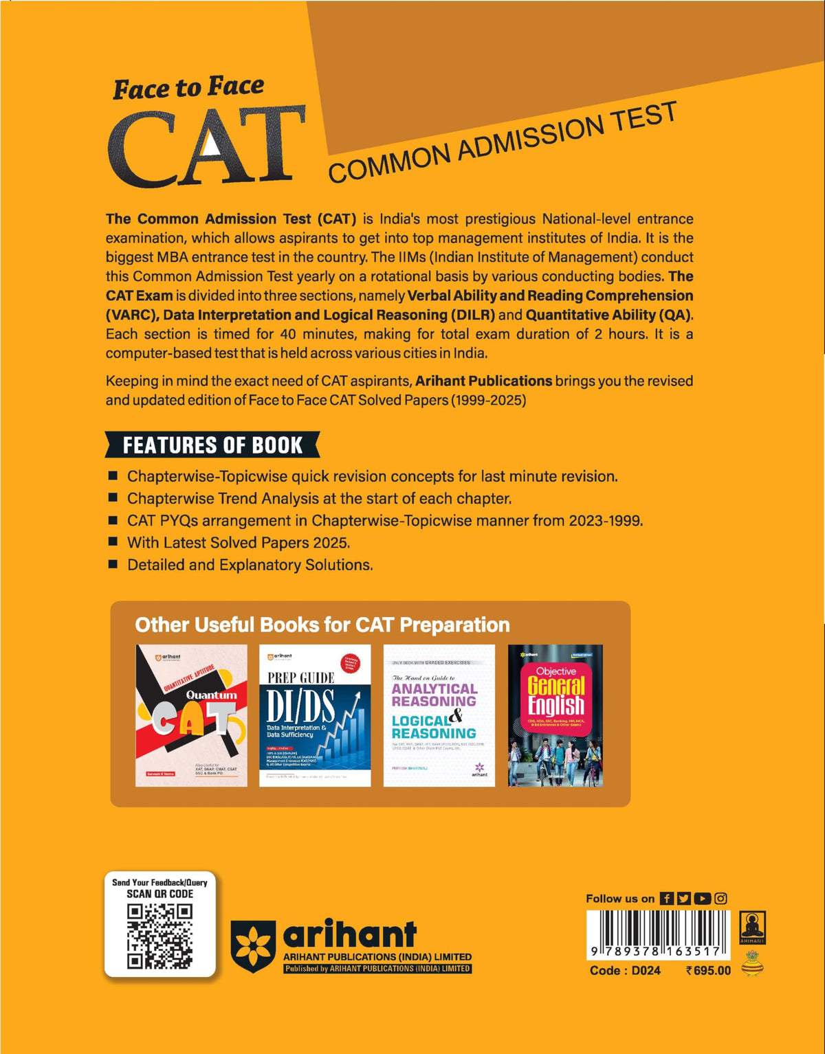 Arihant Face to Face CAT | 27 Years Chapterwise & Topicwise Solved Papers (1999–2025) | Latest CAT PYQs with Detailed Solutions, Trend Analysis & Quick Revision Concepts | English Medium