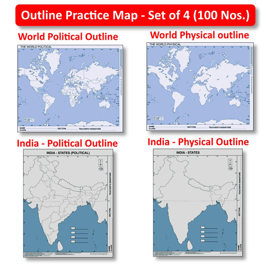India and World's OutLine Map (100 Nos) : Set of 4 (25 each type Nos)