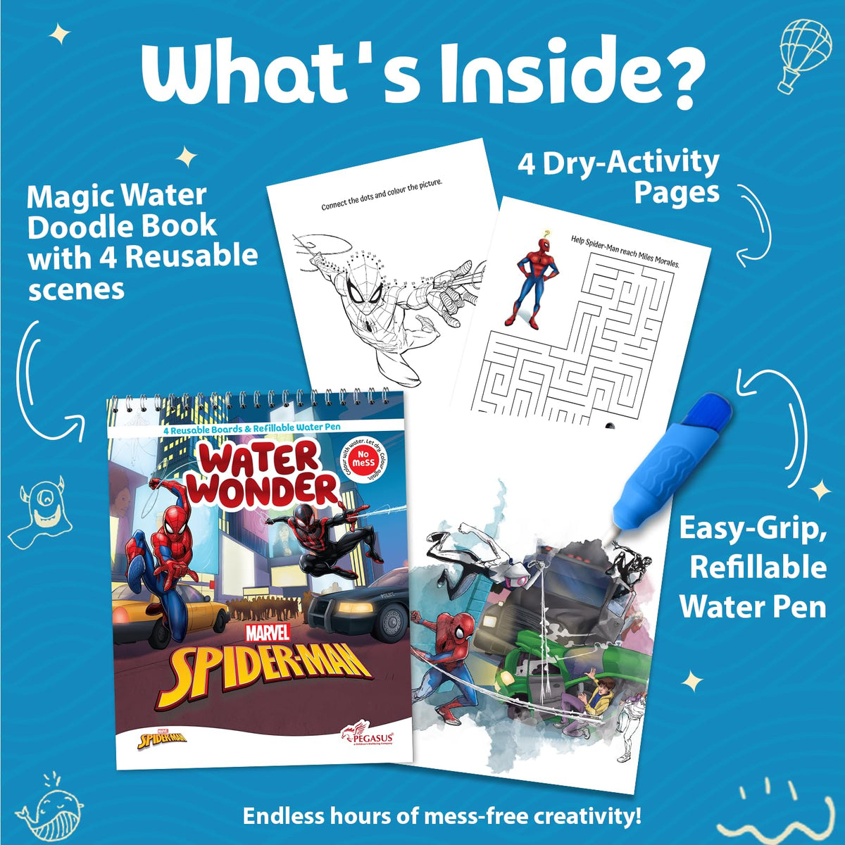 Pegasus Magic Water Book with refillable magical pen for kids 2-5 years - Spiderman | Reusable coloring books for children - self drying with no mess ... 3 + (Reusable Water Wonders Coloring Book)