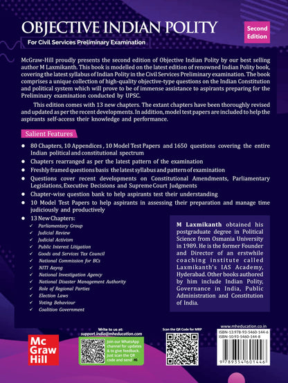 Objective Indian Polity (English), 2e by M Laxmikanth for UPSC CSE Prelims 2026 | 13 new chapters | 1650 Topicwise Practice Questions covering the entire syllabus | 10 Model Test Papers
