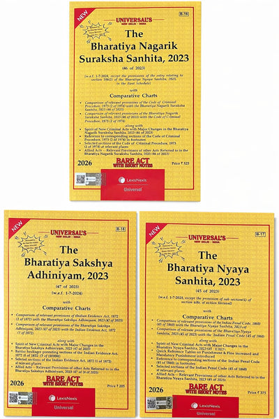 UNIVERSAL NEW CRIMINAL LAW BARE ACTS COMBO 2025 EDITION LATEST BNS, BSA, BNSS | 2025 edition (Set of 3BARE ACT) LexisNexis