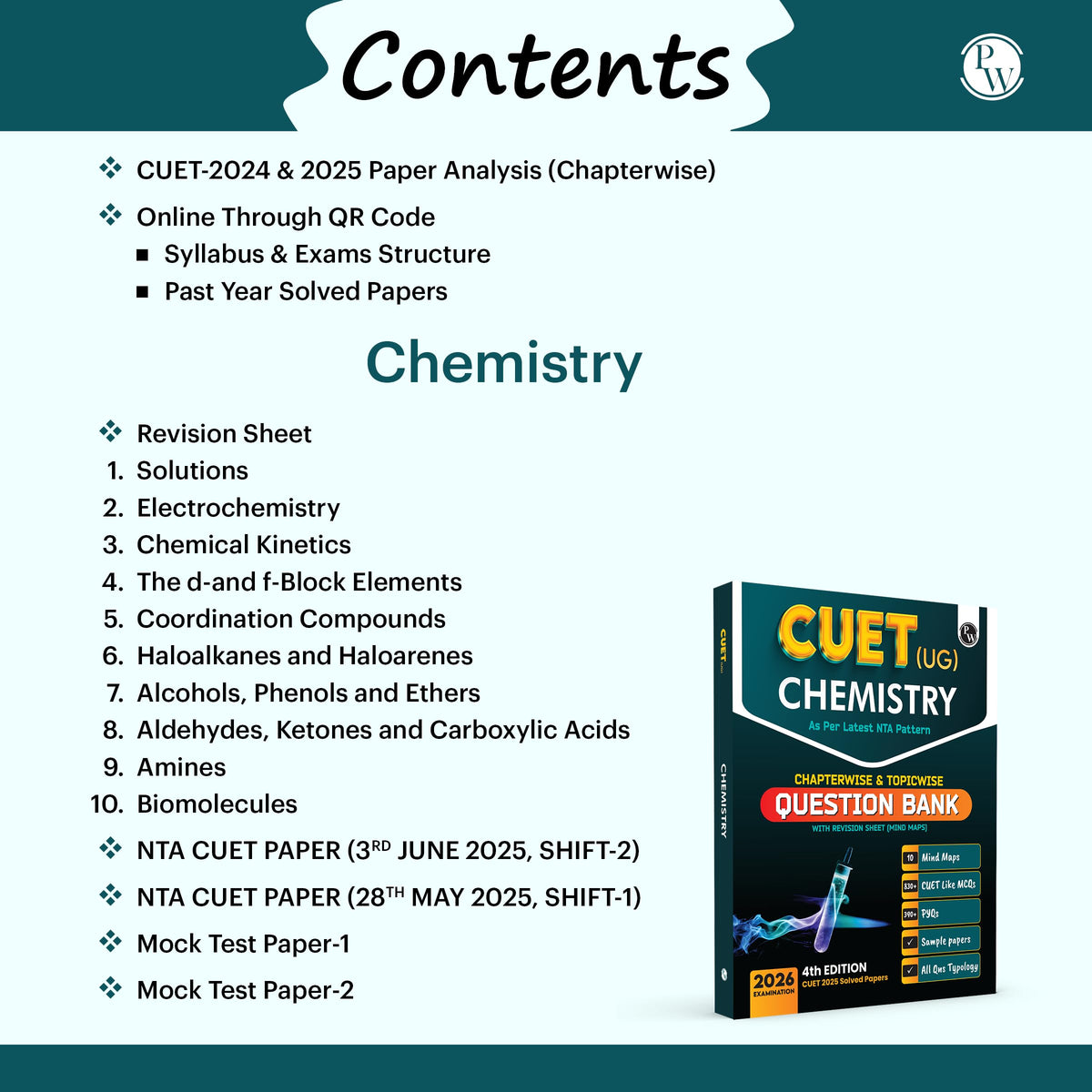 PW CUET UG Entrance Exam Books 2026 – Chemistry | Chapterwise & Topicwise MCQs Question Bank | Theory + Exercises | CUET UG PYQ (2025–2022) | Mock Tests | Latest NTA Pattern