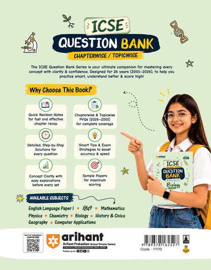 Arihant ICSE Question Bank Class 10 Biology For Board Exam 2027 | 26 Years Chapterwise & Topicwise PYQs (2026–2001) with Detailed Step-by-Step ... Comments, Smart Tips & 3 Sample Papers