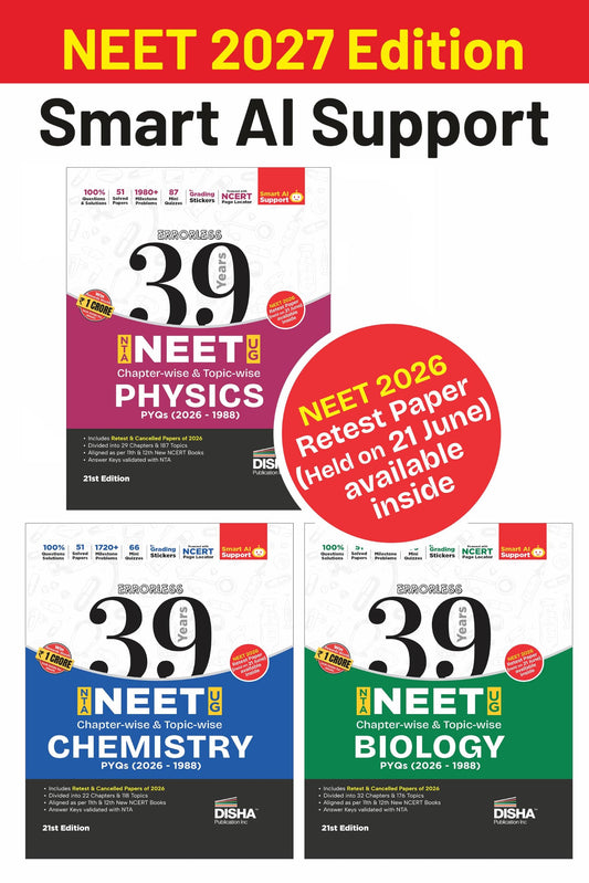 Disha Combo (3 Books) Errorless 39 Years NEET Chapter-wise & Topic-wise Physics, Chemistry & Biology NEET PYQ Book(2026 - 1988) 21st Edn | NEET Previous Year Solved Papers with 2026 Cancelled & Retest