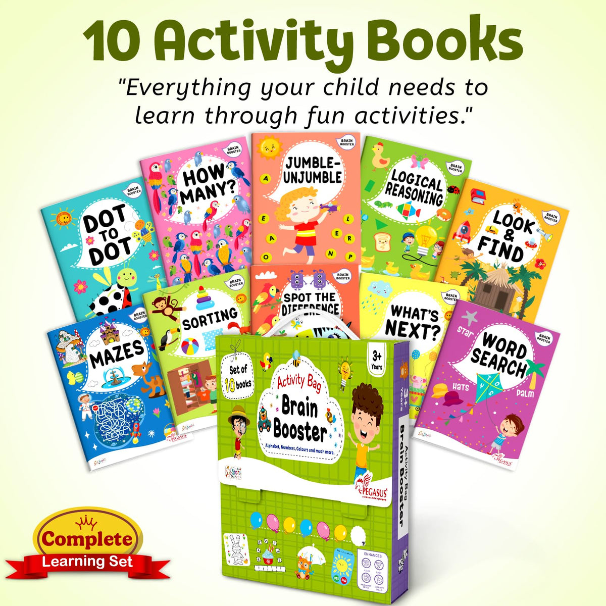 Brain Booster Activity Bag for Kids & Children |Set of 10 Books| Dot to Dot,Look & Find,How Many,Mazes,Difference,Reasoning,Sort,Word Search,Jumble