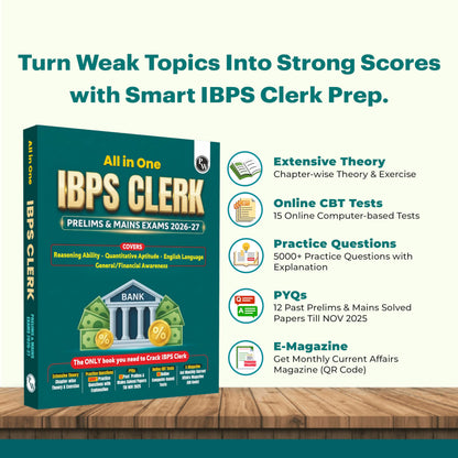 PW All in One IBPS Clerk 2026 Book Prelims & Mains Exams | Chapterwise Theory and Exercises | 12 Previous Year Solved Papers PYQ Till Oct 2025 and 15 Online CBT Tests English Edition
