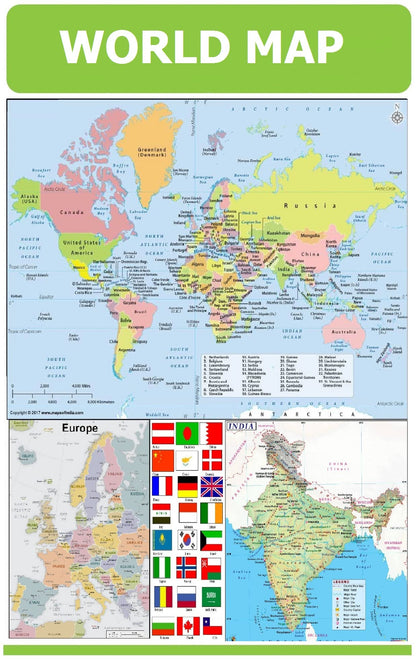 Kerala Map, India & World 47x65 cm (19x26 Inch) Mega Size (3 Charts) - Laminated Early Learning Education Wall Picture Chart | Kerala State, India and World Political Map