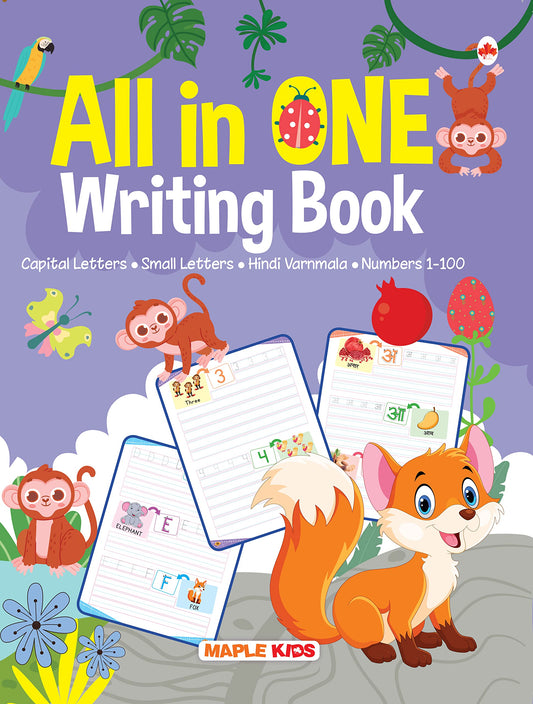 All in One - Writing Practice Fun - Write and Practice Capital Letters  Small Letters  Hindi Varnamala and Numbers by Maple Press book cover
