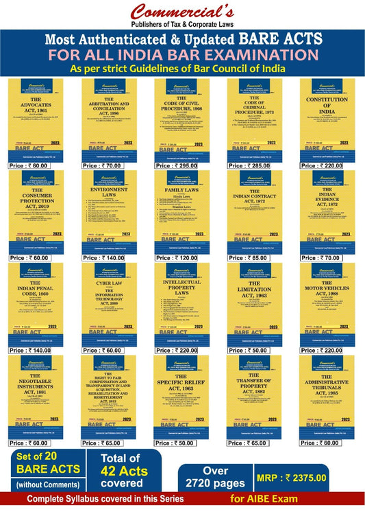 AIBE Bare Acts Combo without Notes 2023 EDITION- as per Bar Council of India Guidelines set of 20 Bare Acts covering 42 Acts COMPLETE SYLLABUS - LATEST 2023 EDITION 