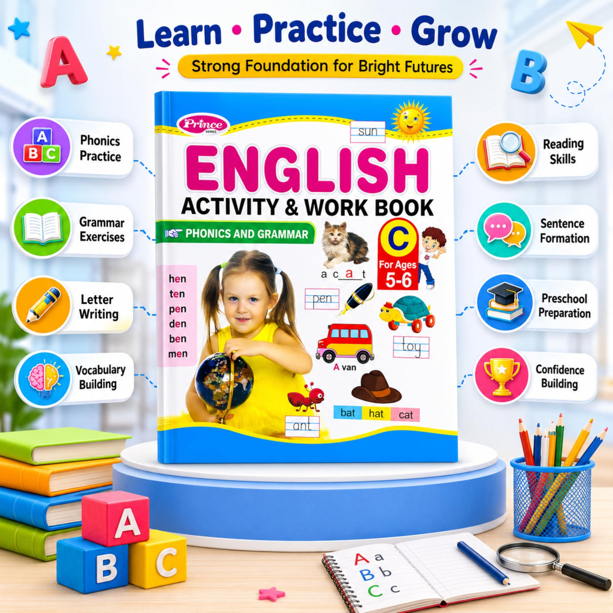 AP SINHA English Activity & Work Book, Phonics and Grammar, Ages 3-6 Years (Prince Series)