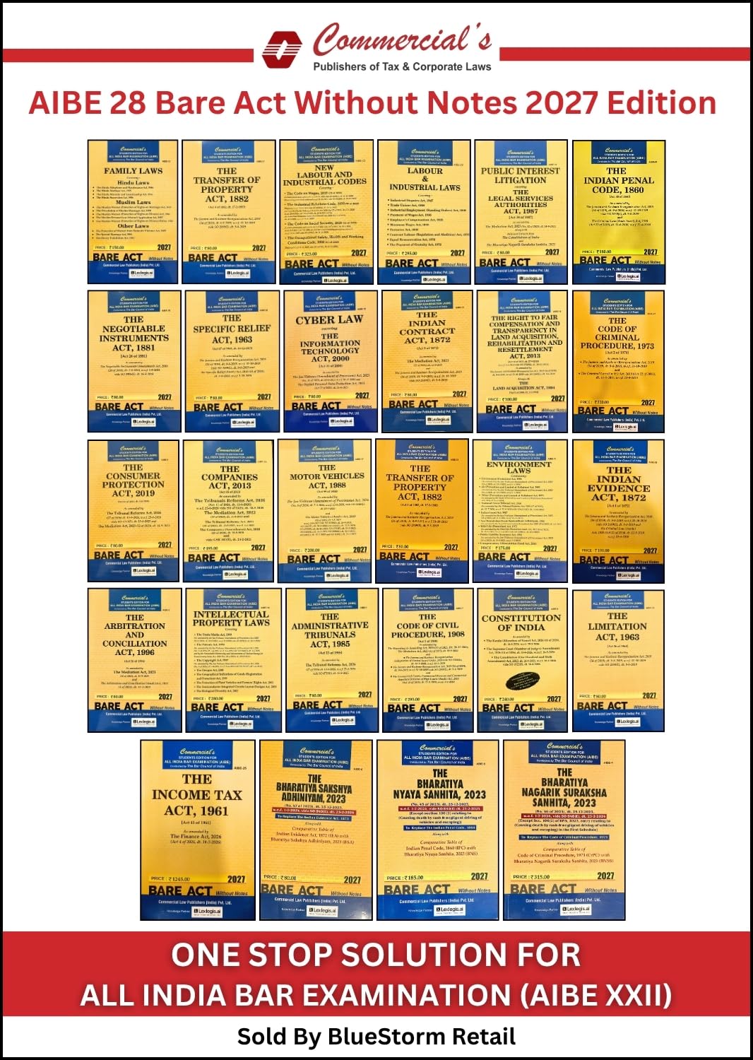 AIBE 28 Bare Act Set Without Notes 2027 Commercial Law Publishers | Covering Complete AIBE Syllabus | Also Including Income Tax Act, New Labour laws & Public Interest Litigation