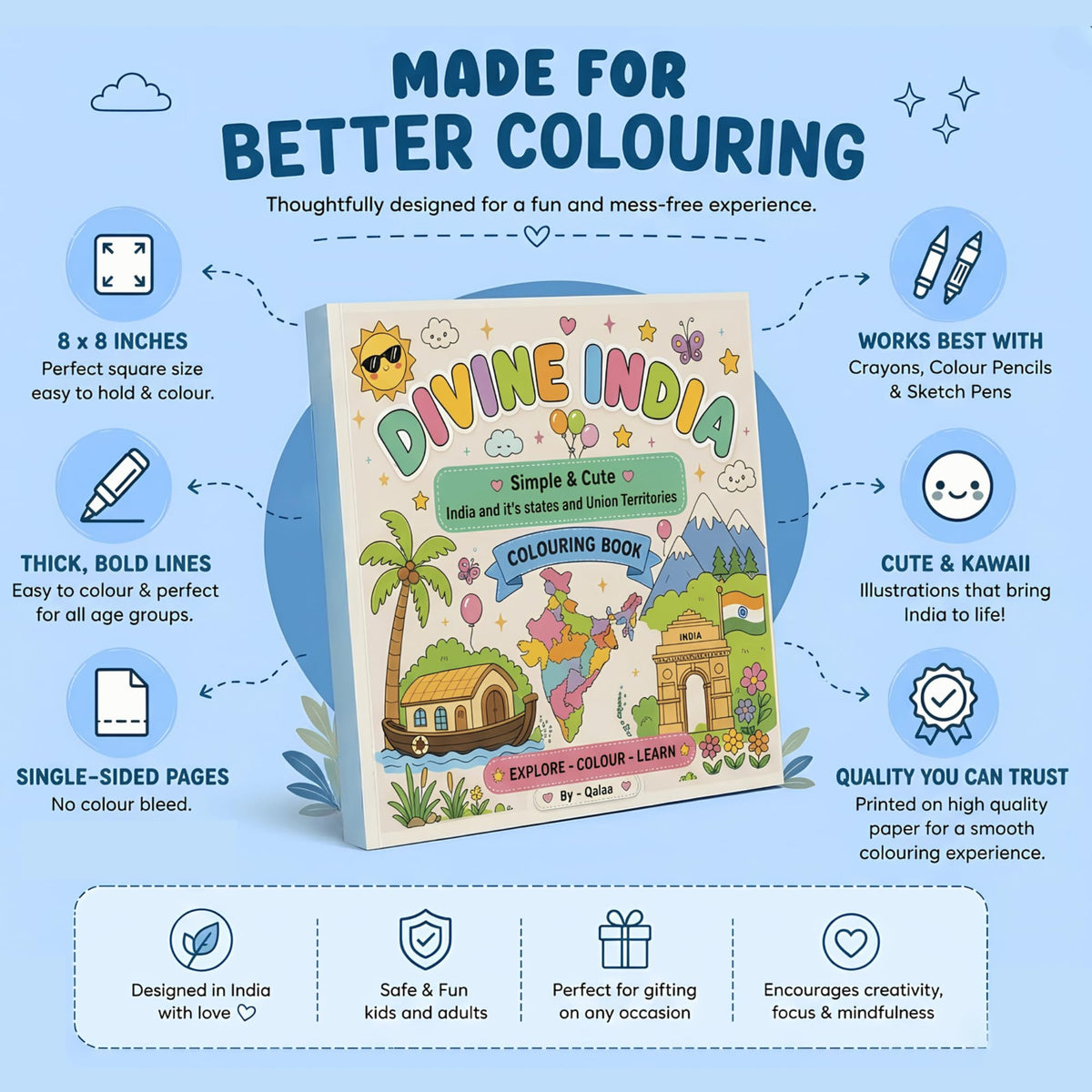 DIVINE INDIA Colouring Book for Adults & Kids | Relaxing Colouring Journey Through India's 28 States & 8 Union Territories | Explore India's Culture | Cute & Easy Designs | 8 x 8 Inch