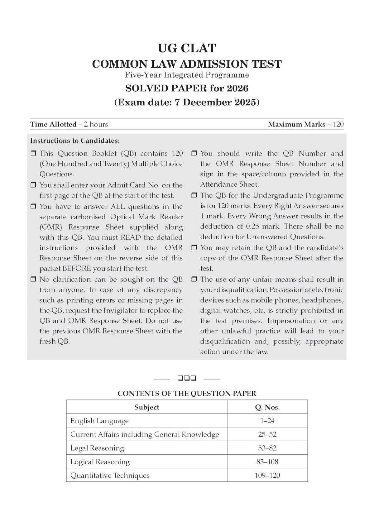 Oswaal CLAT (UG) and AILET| 7 Years' Chapter-wise and Topic-wise Solved Papers| (2020 -2025) | For 2027 Admission Test