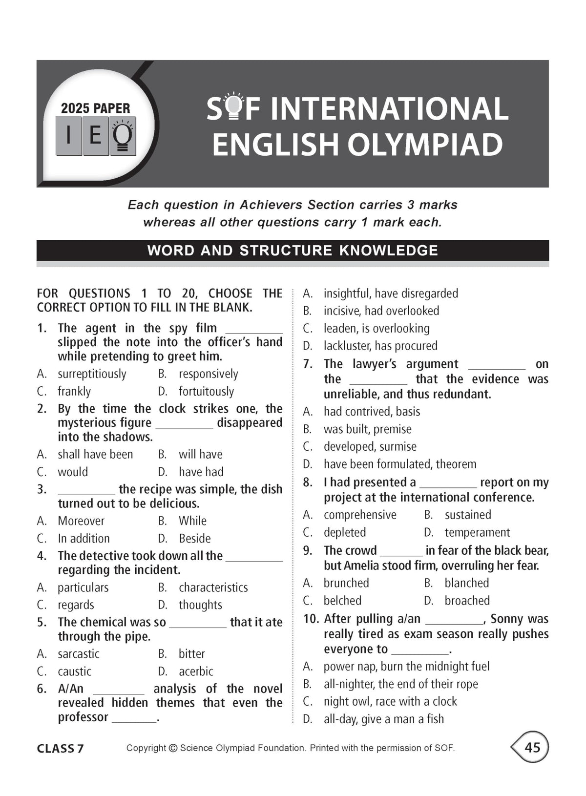 MTG International English Olympiad (IEO) Workbook Class 7 - Chapter-wise MCQs with Achievers Section - SOF Olympiad Books For 2026-27 Exam