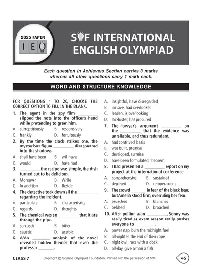 MTG International English Olympiad (IEO) Workbook Class 7 - Chapter-wise MCQs with Achievers Section - SOF Olympiad Books For 2026-27 Exam