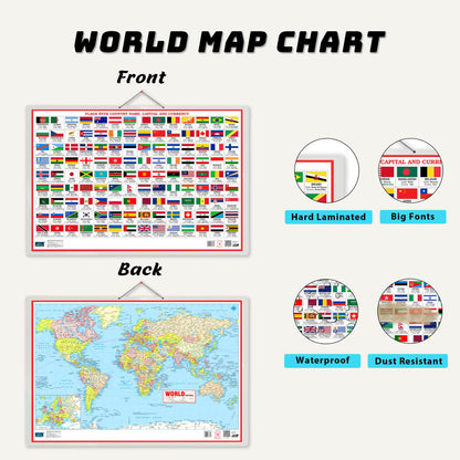 World Map And Flags 2in1 Double Side Printed Laminated 20 Inch x 30 Inch water proof With Country Name, Capital And Currency Chart For Kids Geography Learning Poster For School Classroom And Home