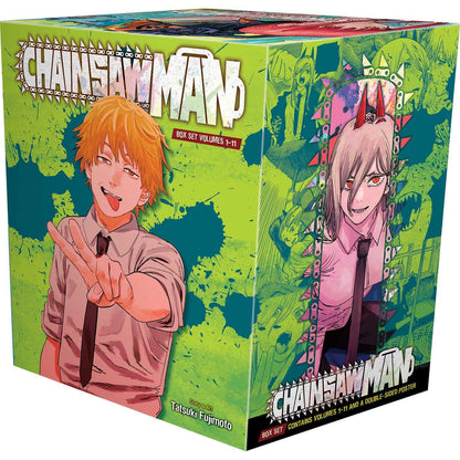Box set of Chainsaw Man volumes with colorful design and character illustrations.