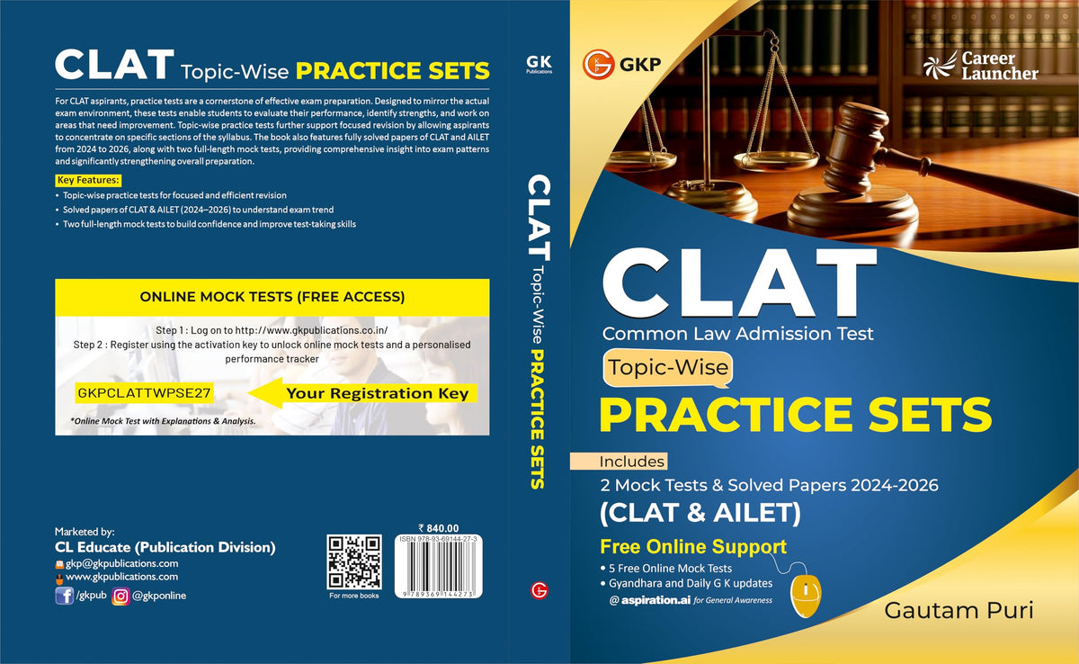 GKP CLAT 2027 Topic-Wise Practice Sets | Solved Papers of CLAT & AILET (2024–2026) | 2 Full-Length Mock Tests | Sectional Practice for Legal Aptitude, Logical Reasoning & More