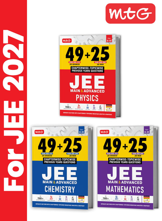 MTG 49 + 25 Years (2026-2002) JEE Main and Advanced (2026-1978) PYQ Book Physics, Chemistry & Mathematics (Set of 3) | Chapter-wise Topic-wise Solved Papers with Free Smart Book For 2027 Exam