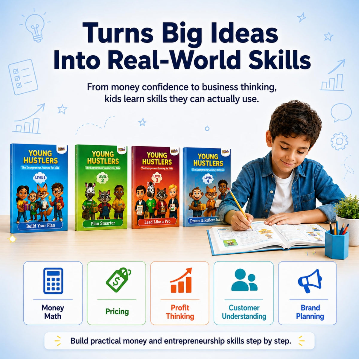 Young Hustlers – Financial Literacy & Entrepreneurship Workbook for Kids Ages 6-14 | 4-Book Money Management & Business Skills Activity Set (Young Hustlers Series)