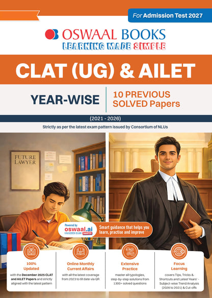 Oswaal CLAT (UG) & AILET | Year-wise | 10 Previous Solved Papers | (2021-2026) | For 2027 Admission Test