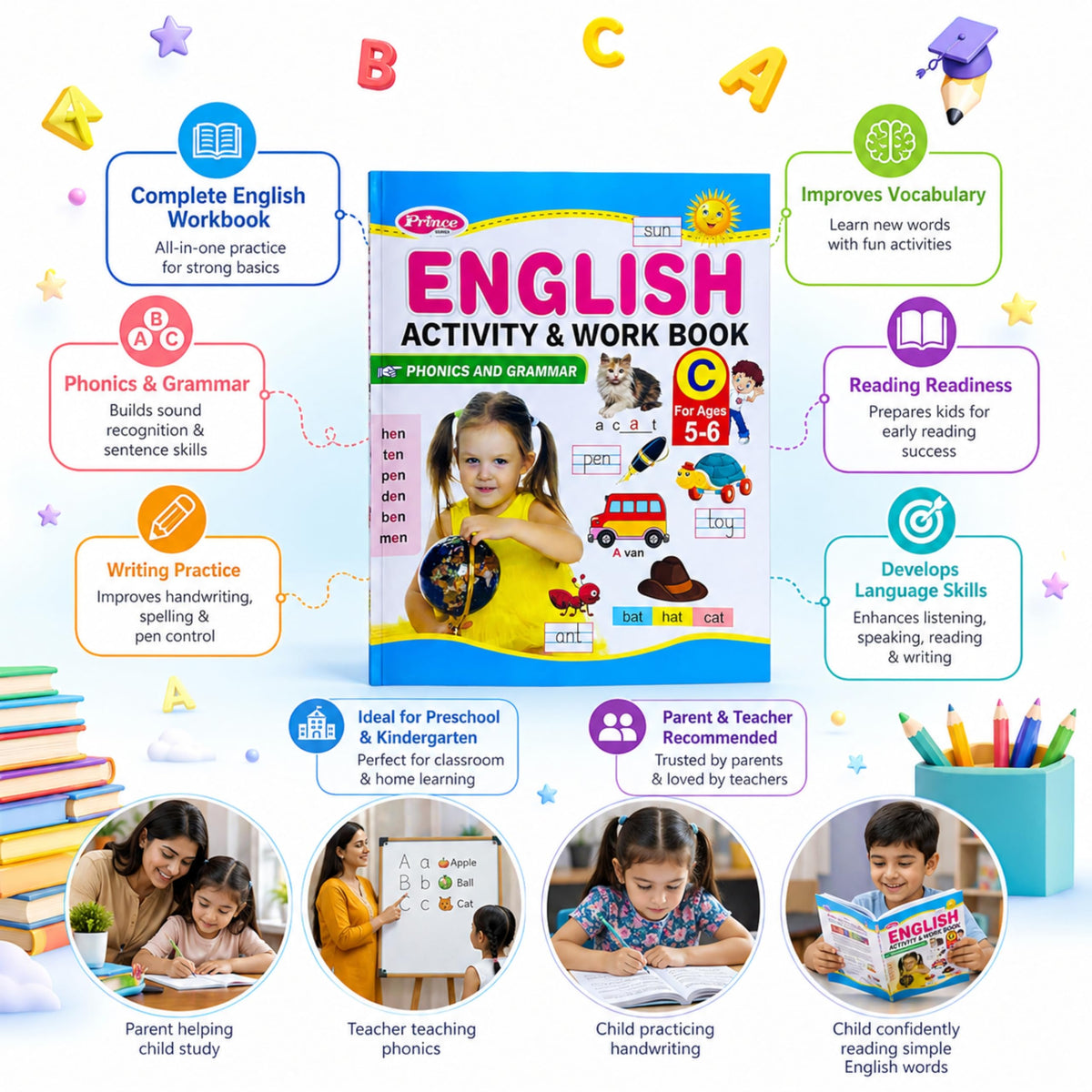 AP SINHA English Activity & Work Book, Phonics and Grammar, Ages 3-6 Years (Prince Series)
