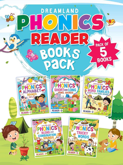 Phonics Reader 5 Books Pack for Children Age 3 -10 Years -Alphabet Sounds, A to Z, Short and Long Vowel Sounds, Word Families Short and Long Vowel Sounds, Blends and Combination Sounds, Tricky Words