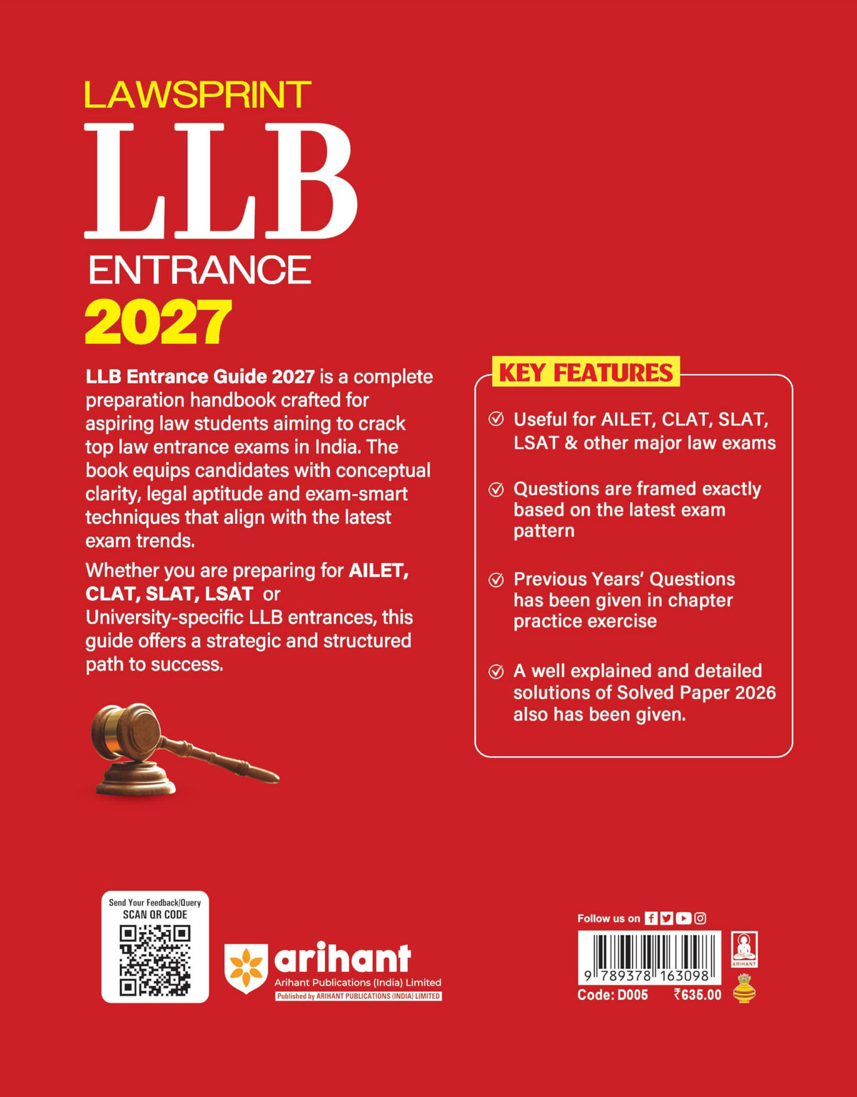 Arihant LLB Entrance 2027 LAWSPRINT | Highly Useful for NLU, NLSIU, RMNLU, MNLU,DU, IPU, BHU and Other National Law University | English Medium