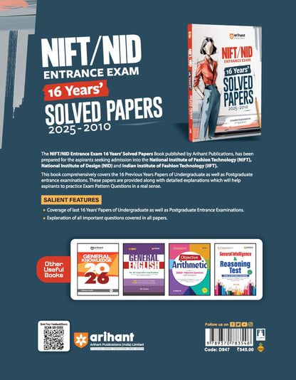Arihant NIFT/NID Entrance Exam 2026 16 Years’ Solved Papers (2025–2010) For NIFT, NID & IIFT UG & PG Entrance | Complete Coverage with Detailed ... Aptitude Preparation Book | English Medium